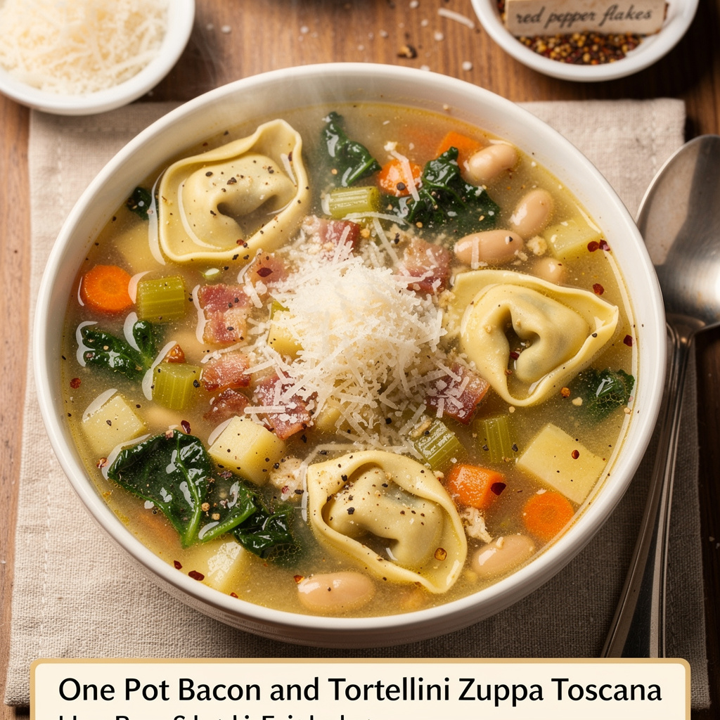 One Pot Bacon and Tortellini Zuppa Toscana