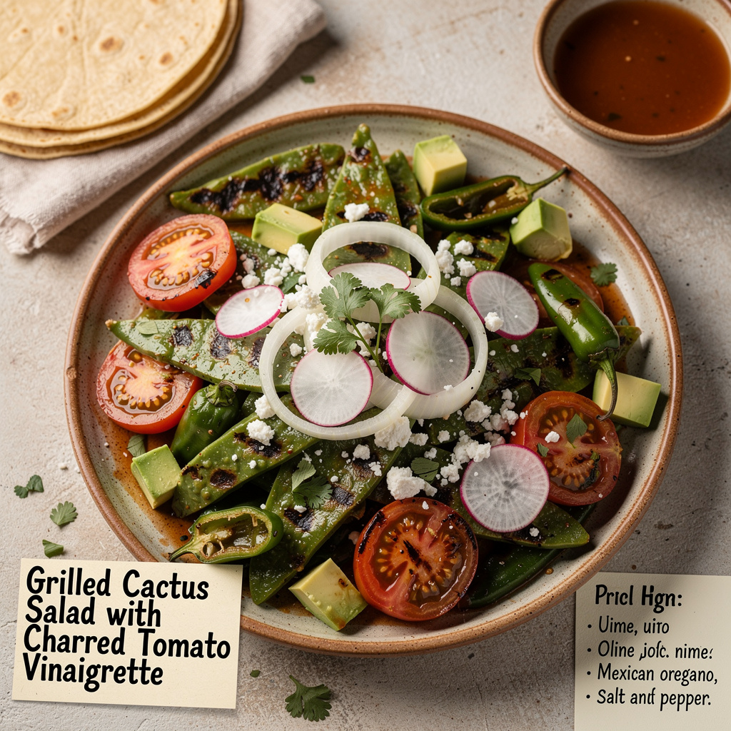 Grilled Cactus Salad with Charred Tomato Vinaigrette