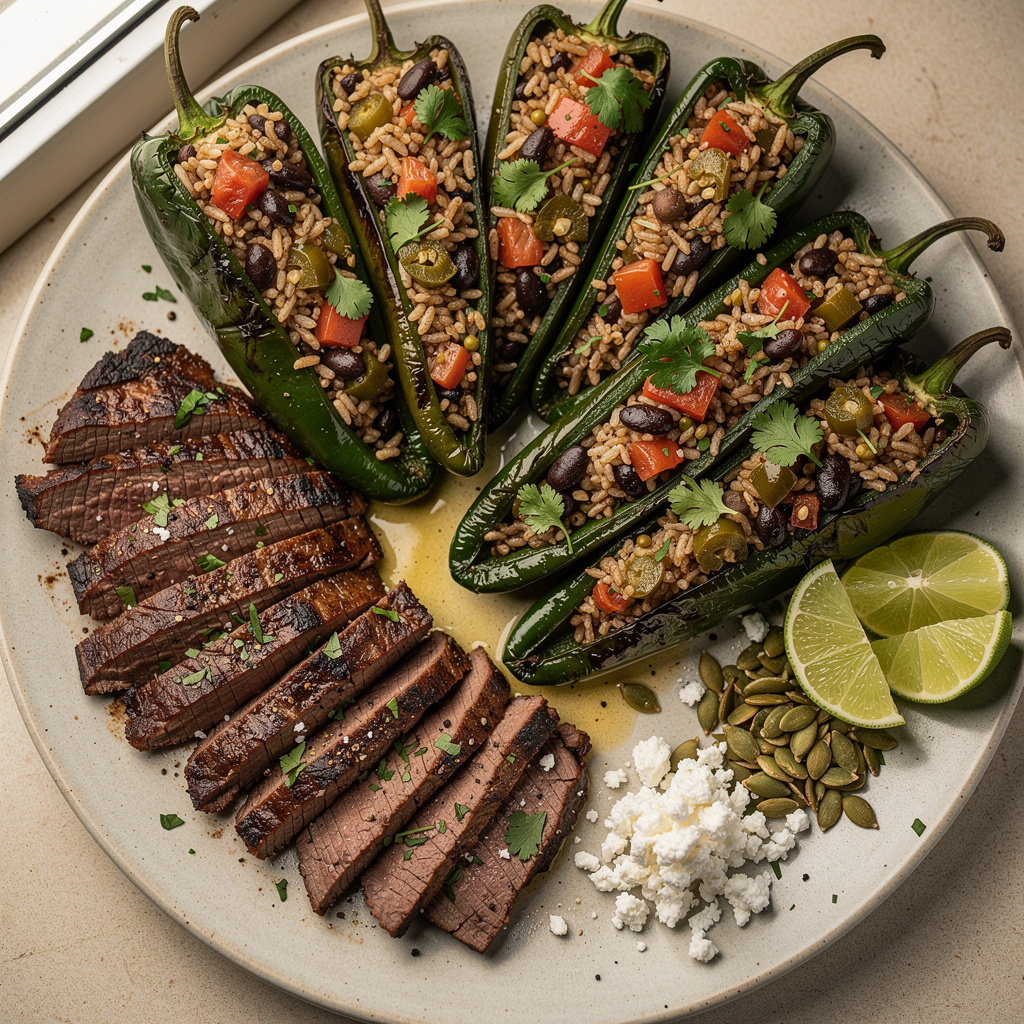 Lime-Marinated Flank Steak with Stuffed Poblano Peppers