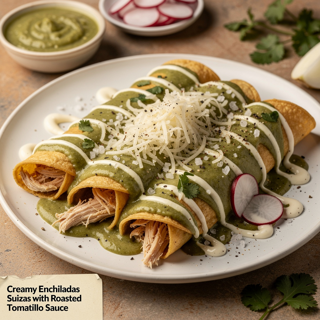Creamy Enchiladas Suizas with Roasted Tomatillo Sauce