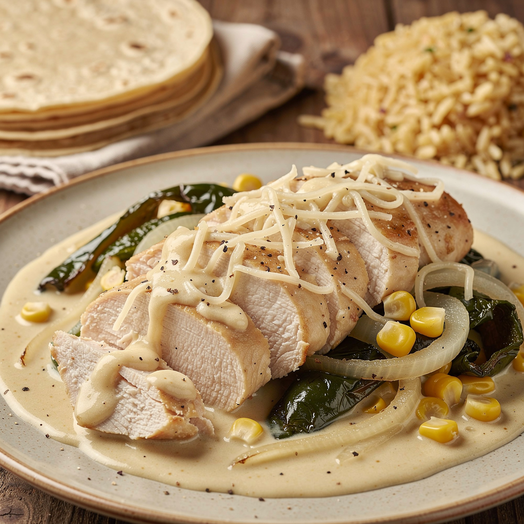 Creamy Pollo con Rajas — Chicken with Roasted Poblano Strips