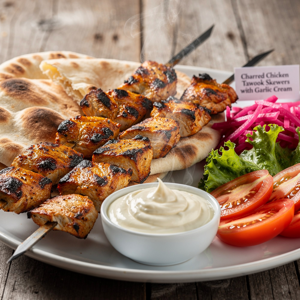 Charred Chicken Tawook Skewers with Garlic Cream