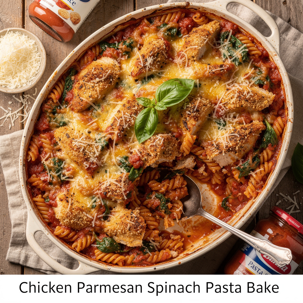 Chicken Parmesan Spinach Pasta Bake