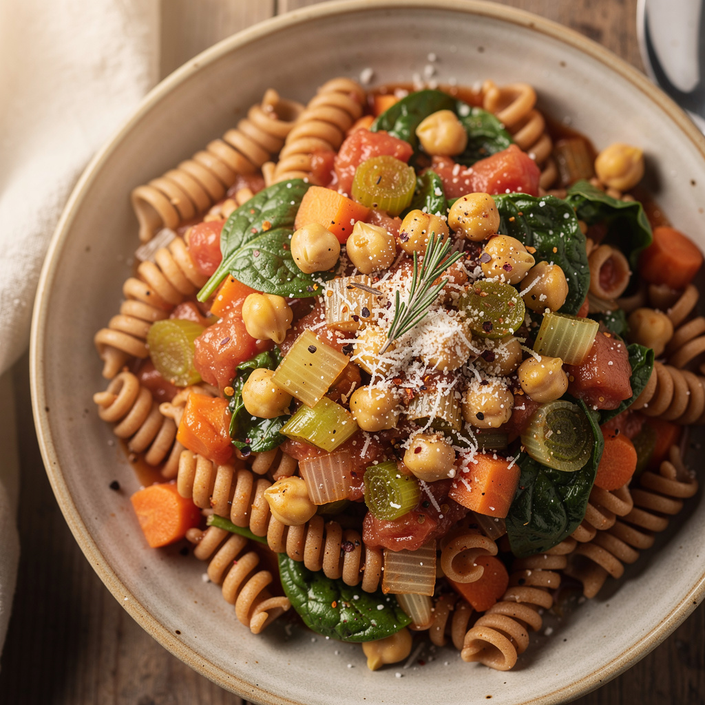 Pasta with Chickpeas, Tomato, and Spinach