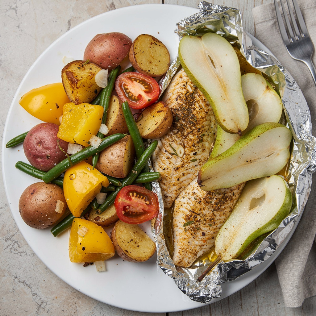 Easy Oven Packet Caribbean Tilapia with Pears and Carnival Roasted Potatoes