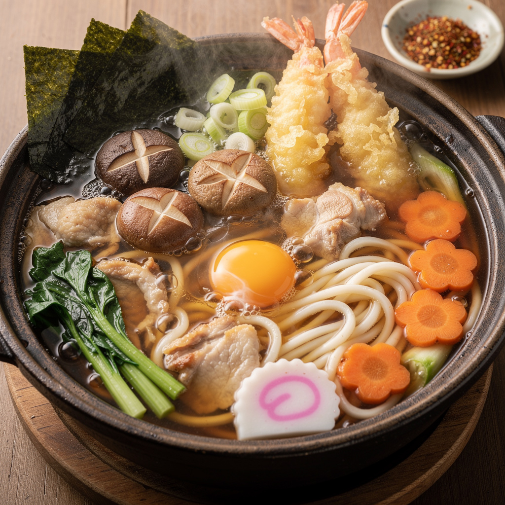 Bubbling Hot Pot Udon with Tempura and Egg