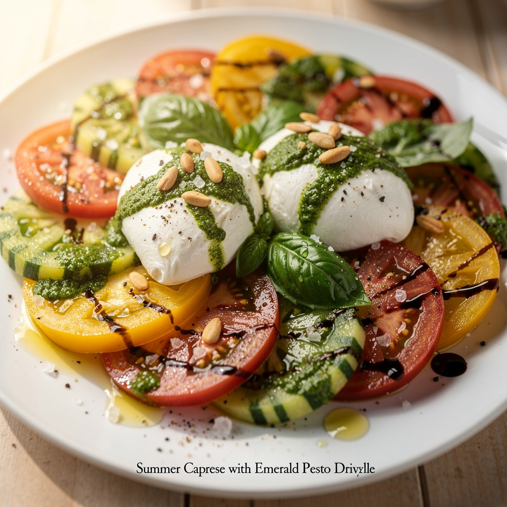 Summer Caprese with Emerald Pesto Drizzle