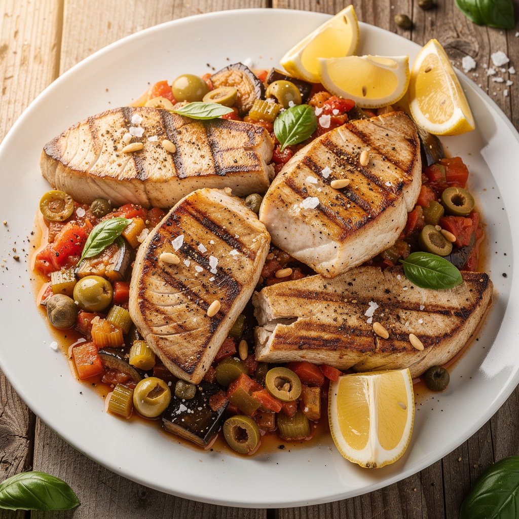 Grilled Swordfish Steaks over Sicilian Caponata