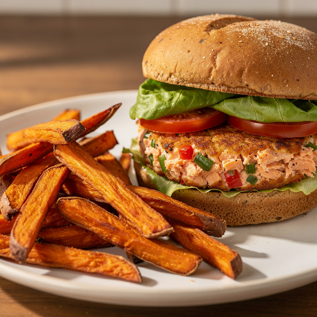 Salmon Burgers and Sweet Potato Oven Fries