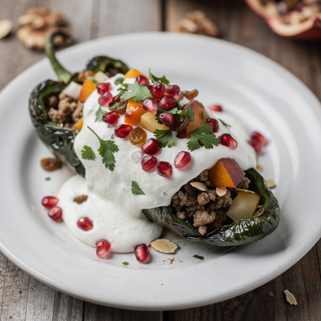 Chiles en Nogada with Walnut Cream and Pomegranate