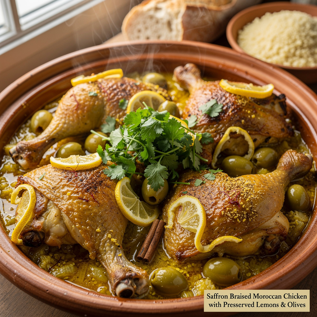 Saffron-Braised Moroccan Chicken with Preserved Lemons & Olives