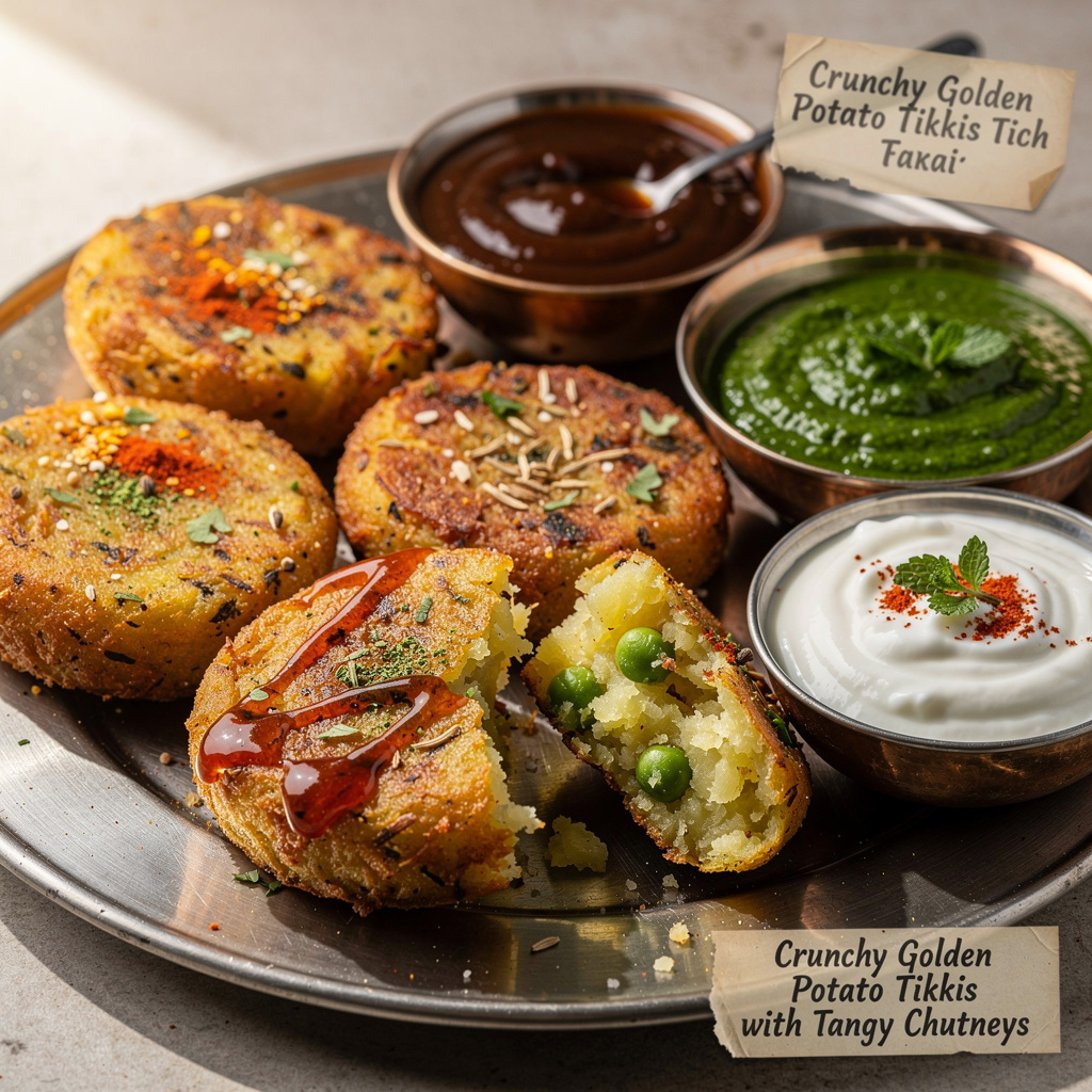 Crunchy Golden Potato Tikkis with Tangy Chutneys