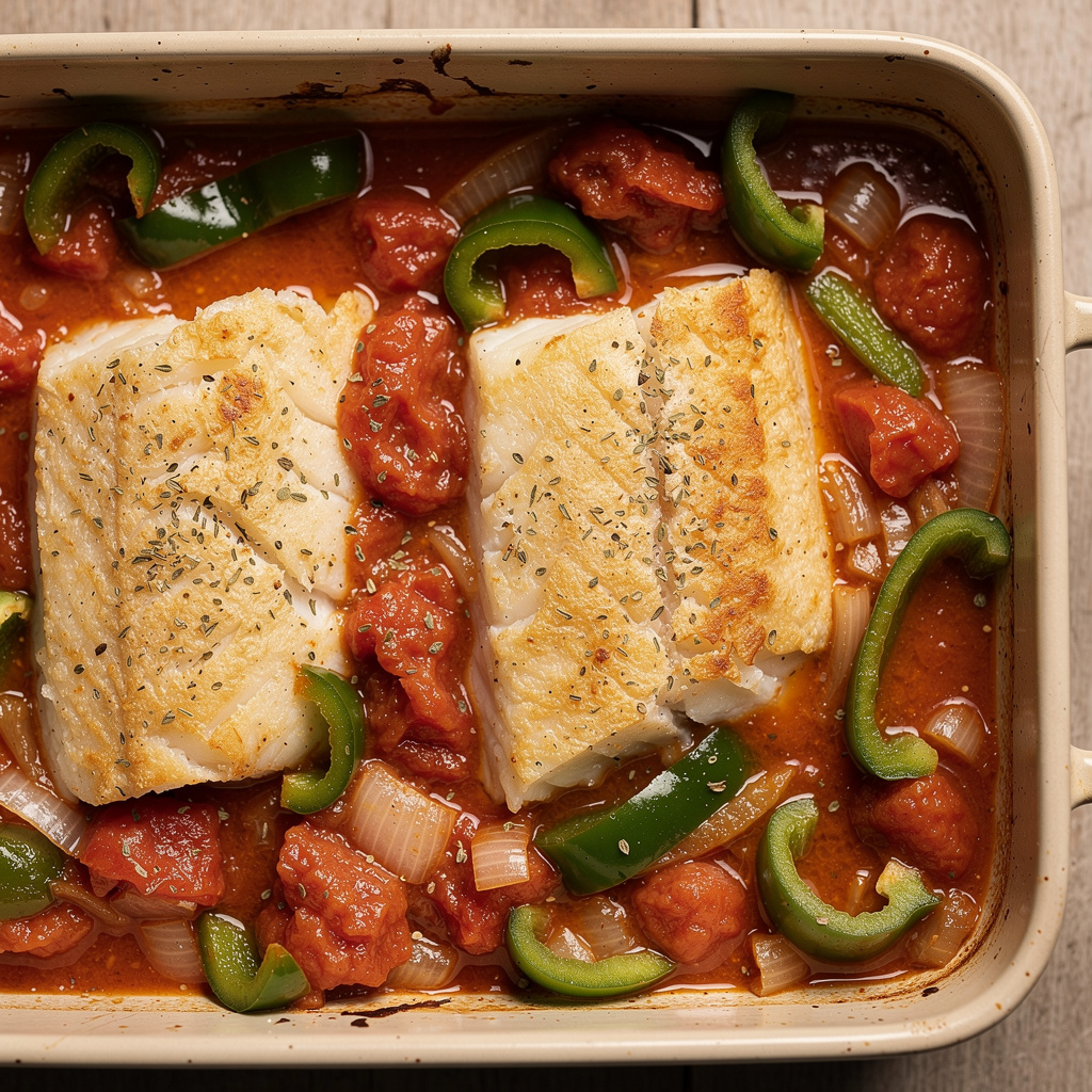 Baked Fish with Tomatoes, Peppers, and Onions