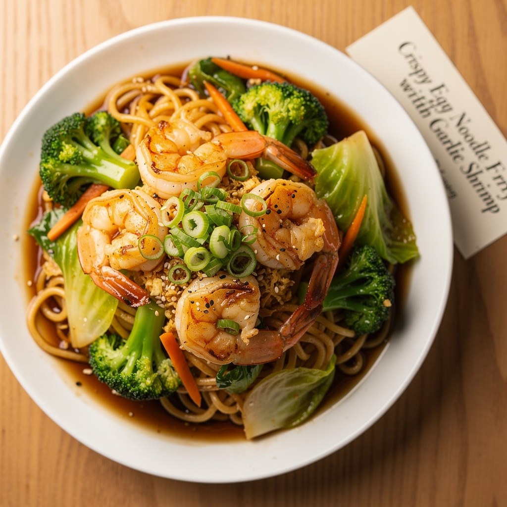 Crispy Egg Noodle Stir-Fry with Garlic Shrimp