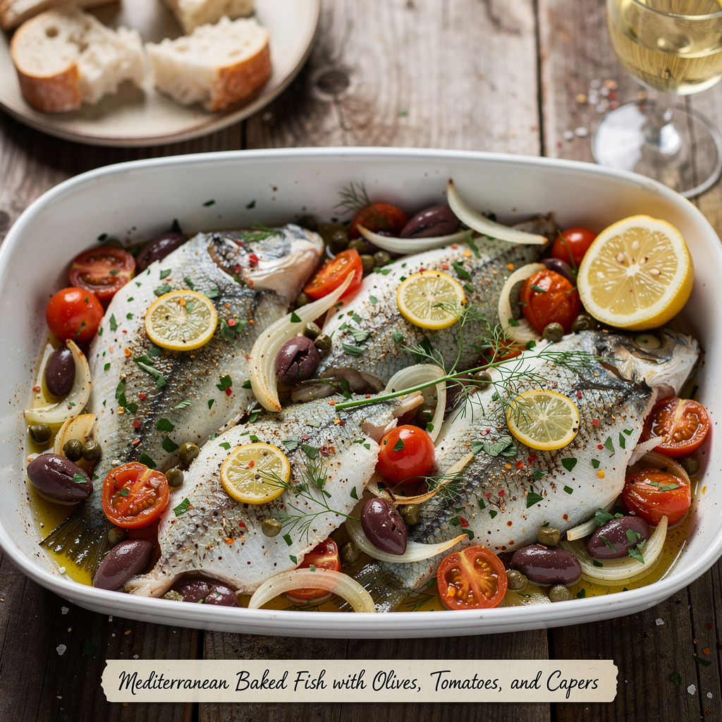 Mediterranean Baked Fish with Olives, Tomatoes, and Capers