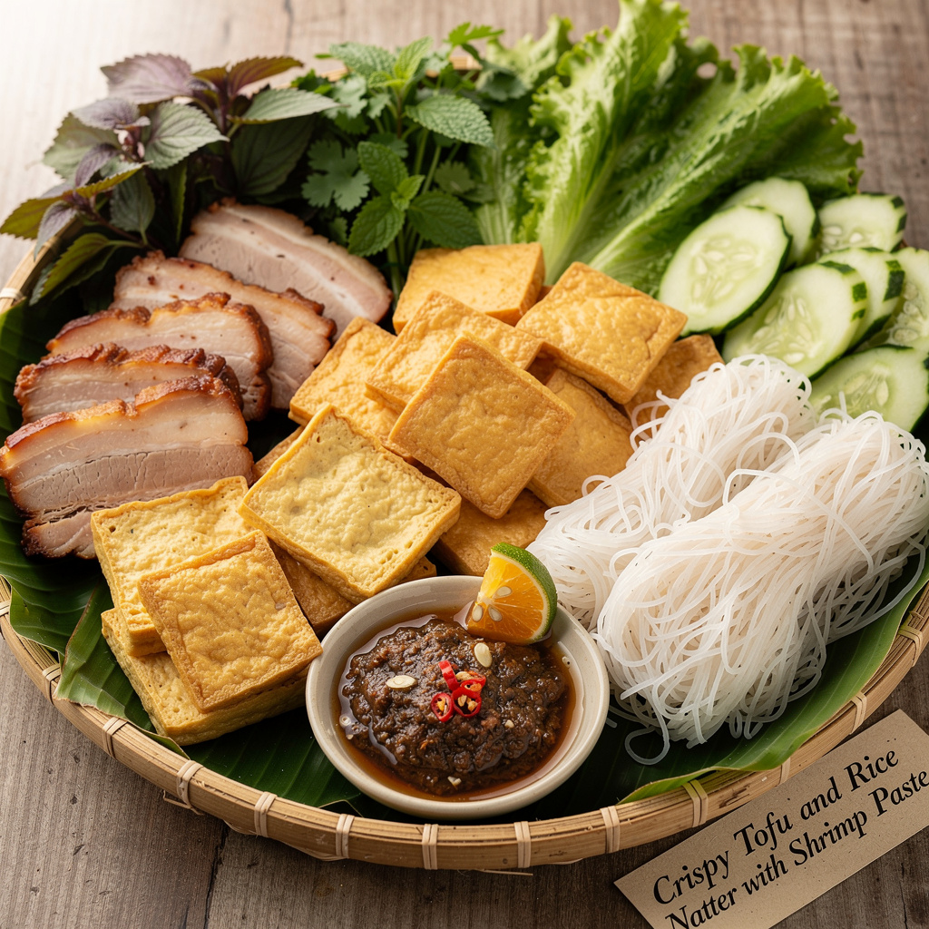 Crispy Tofu and Rice Noodle Platter with Shrimp Paste