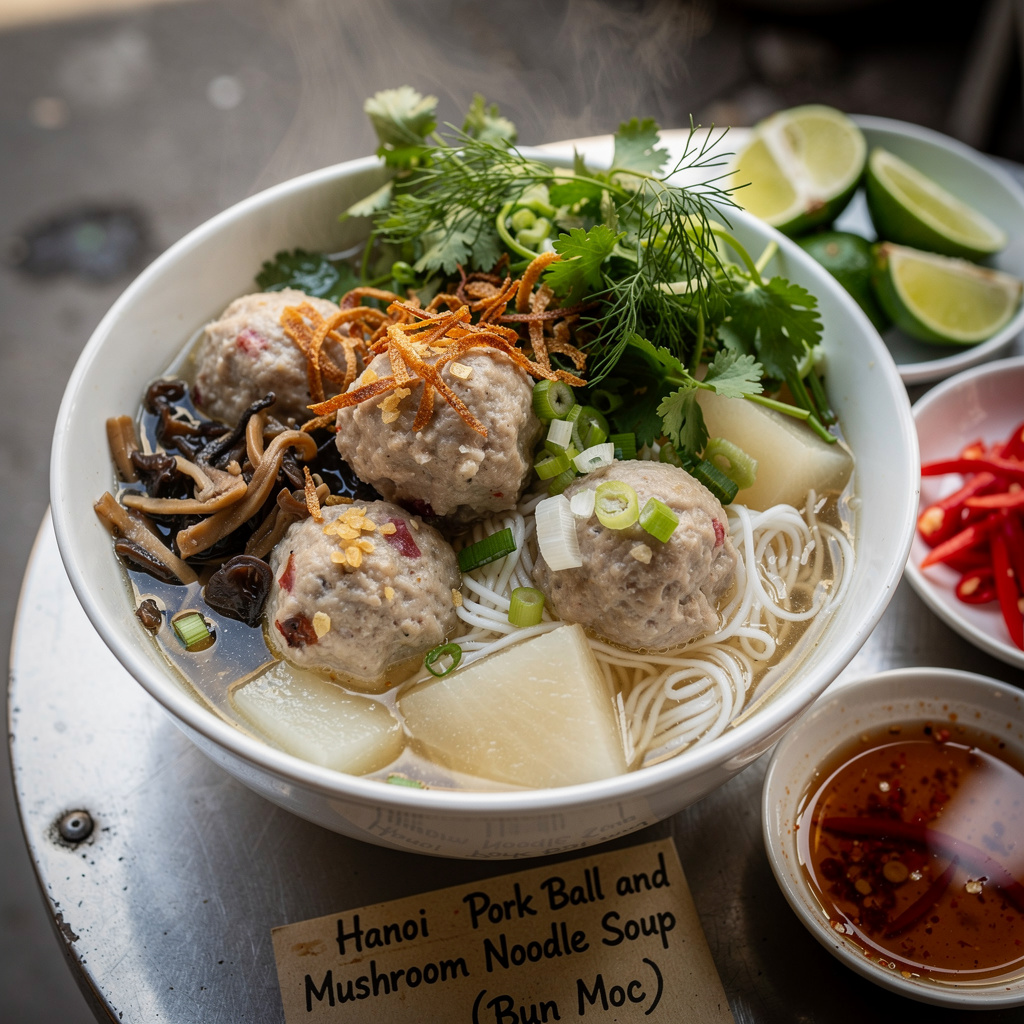 Hanoi Pork Ball and Mushroom Noodle Soup (Bun Moc)