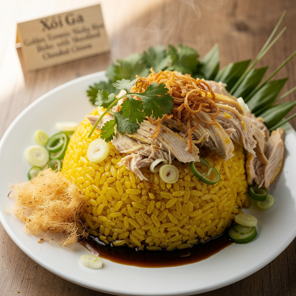 Xoi Ga — Golden Turmeric Sticky Rice with Shredded Chicken
