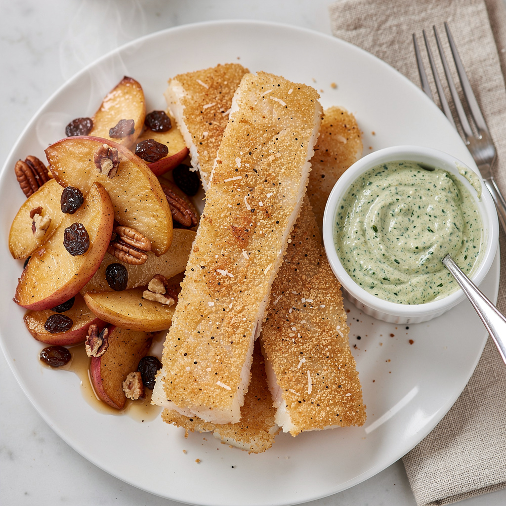 Easy Oven Fish with Spinach Basil Dipping Sauce & Spiced Apples