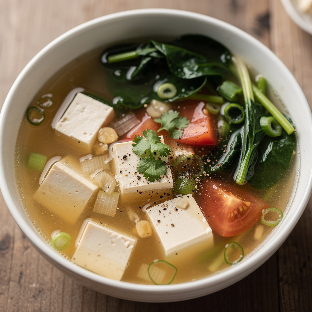 Tofu, Tomato, and Spinach Soup