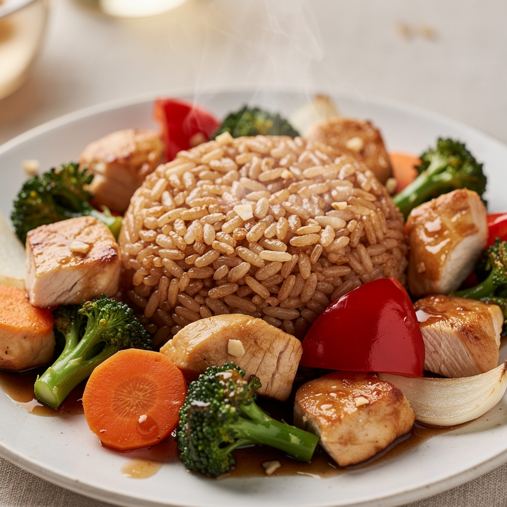Brown Rice with Sizzling Chicken and Vegetables