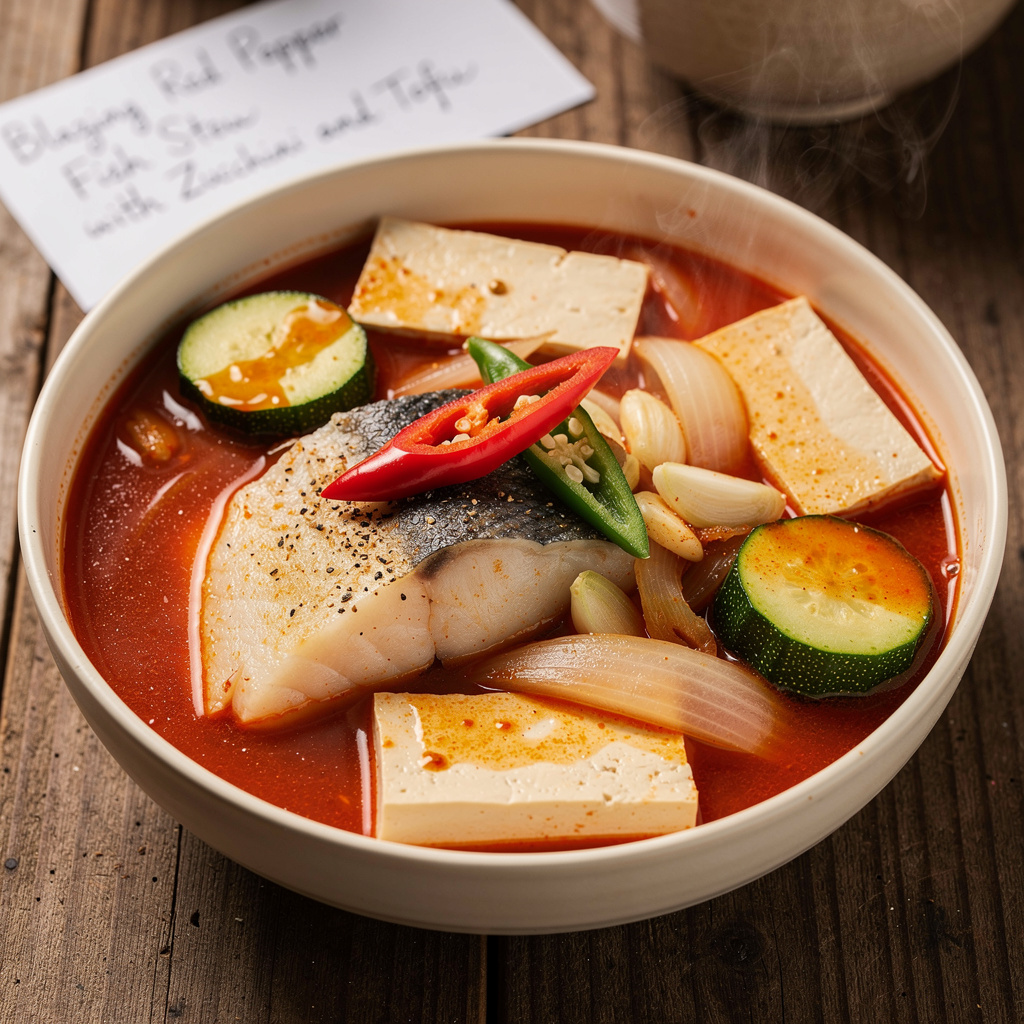 Blazing Red Pepper Fish Stew with Zucchini and Tofu