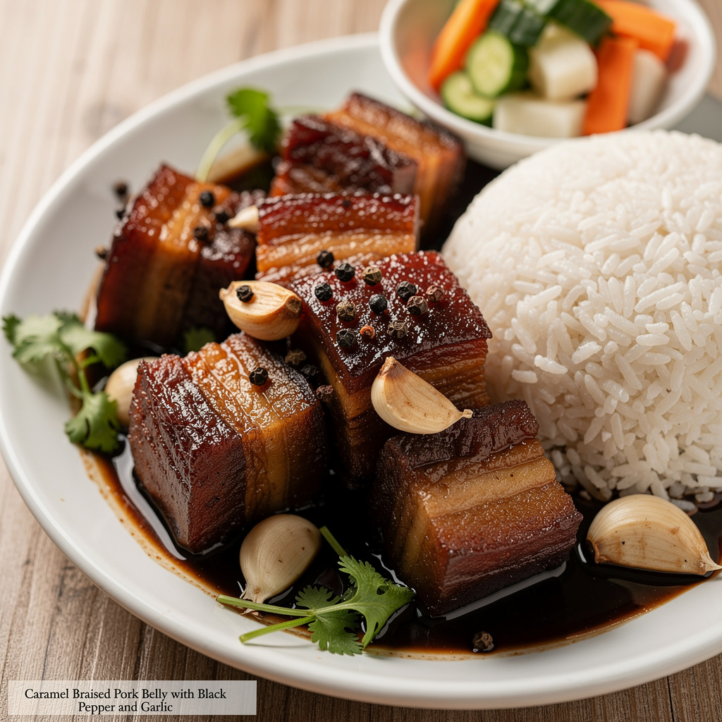 Caramel-Braised Pork Belly with Black Pepper and Garlic