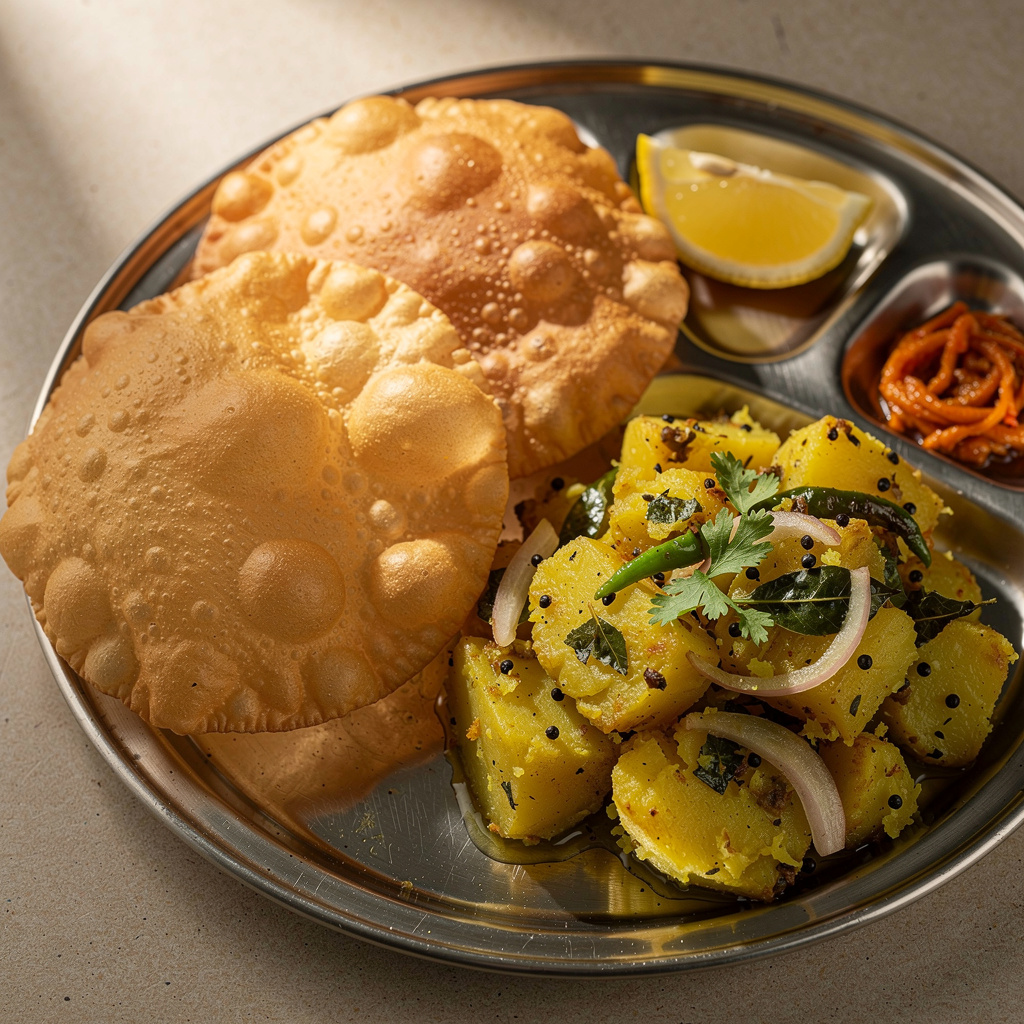 Puffed Golden Puri with Spiced Potato Bhaji