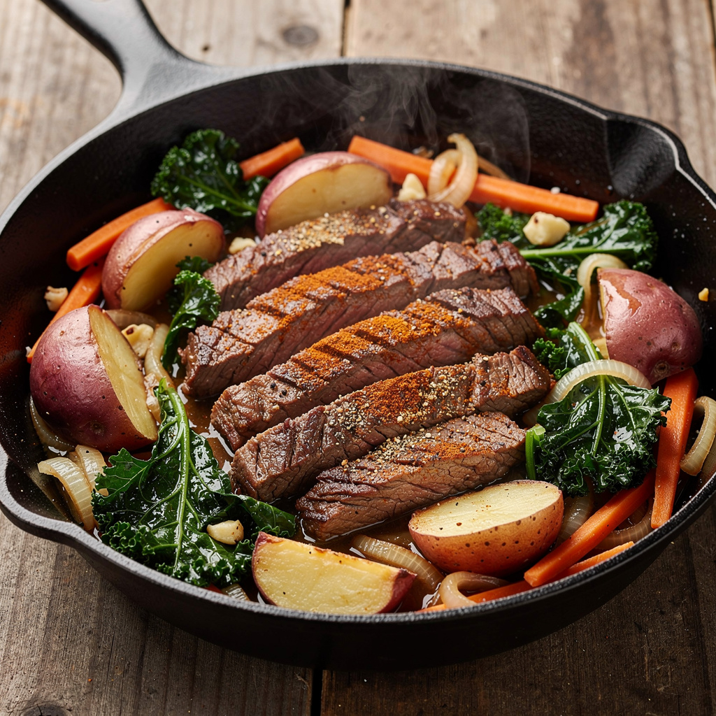 Black Skillet Beef with Greens and Red Potatoes