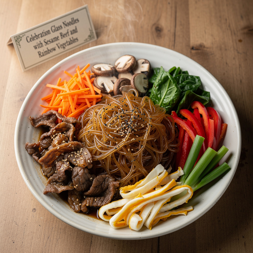 Celebration Glass Noodles with Sesame Beef and Rainbow Vegetables