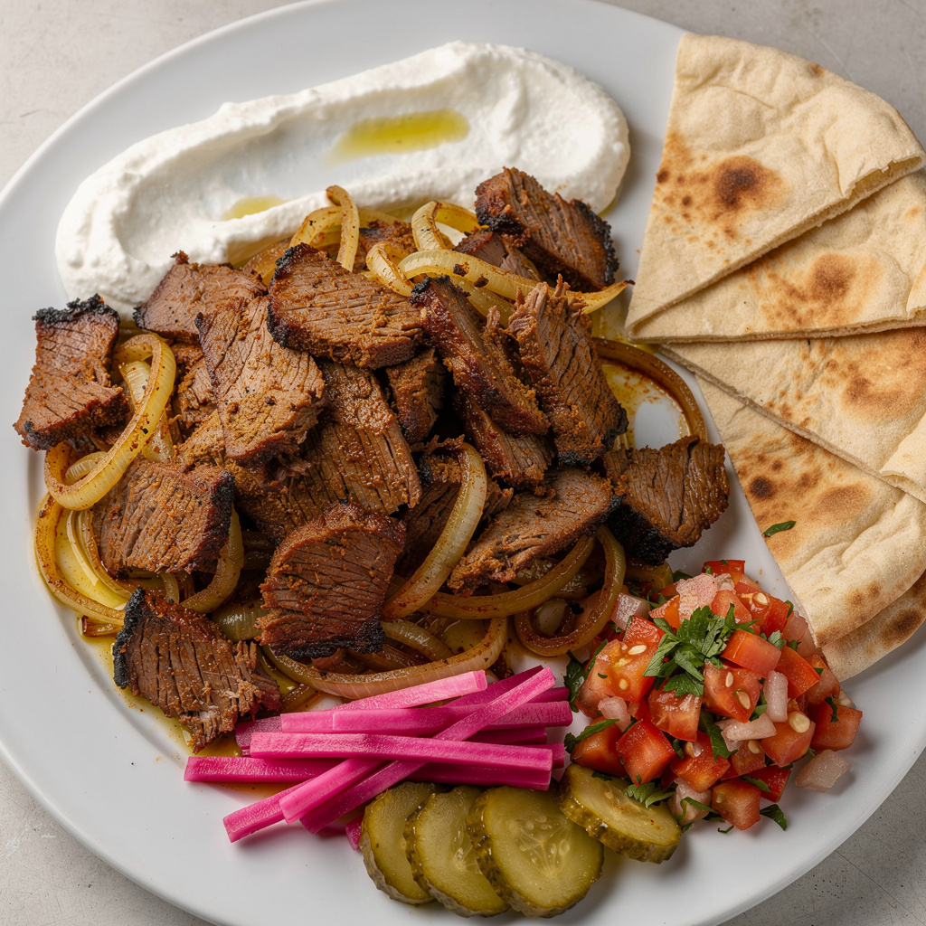 Slow-Roasted Lamb Shawarma Plate with All the Fixings