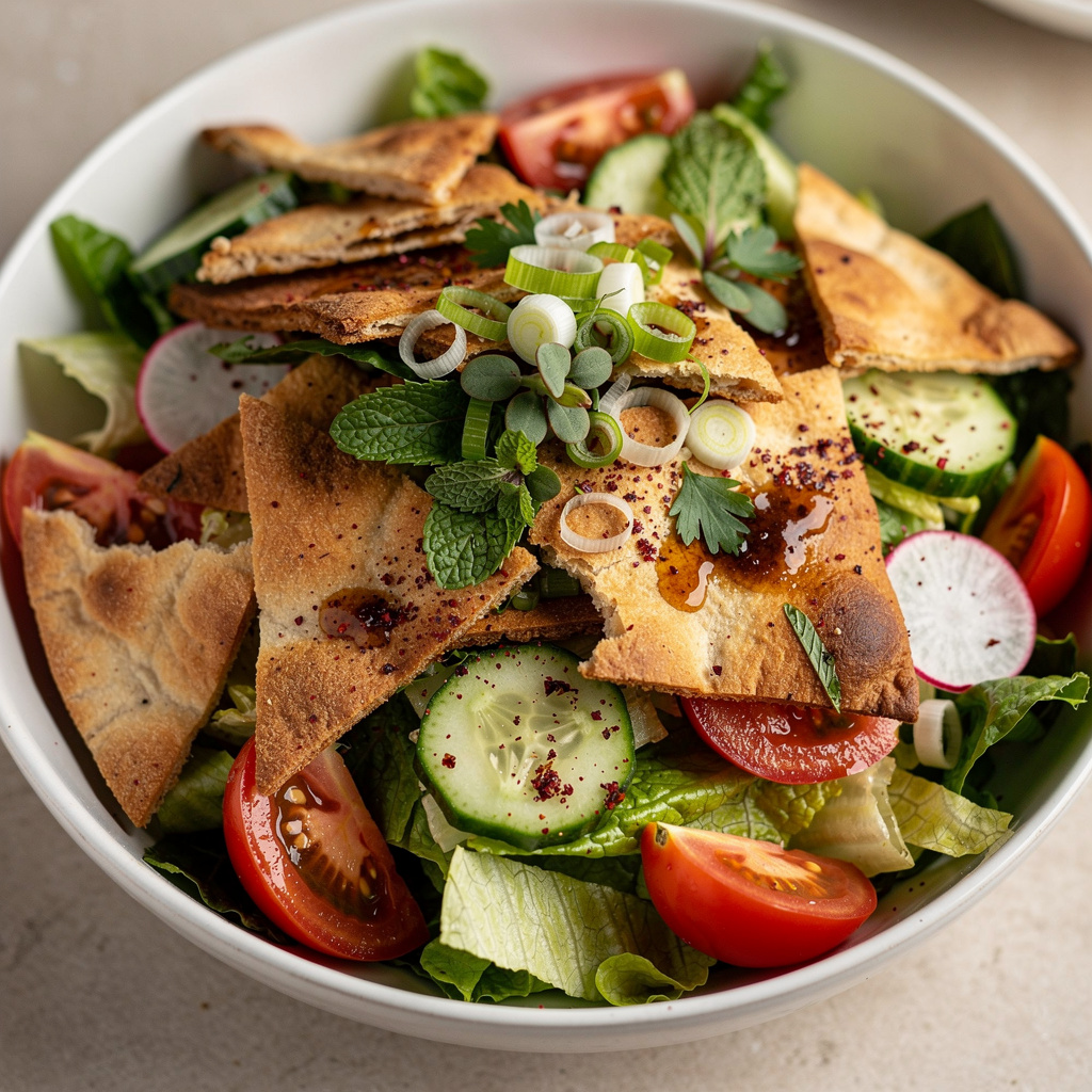 Crispy Pita Fattoush Breakfast Salad with Sumac Vinaigrette