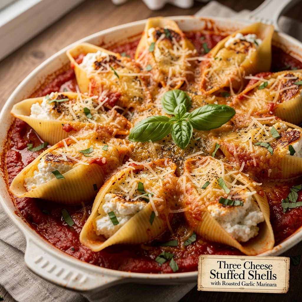 Three-Cheese Stuffed Shells with Roasted Garlic Marinara