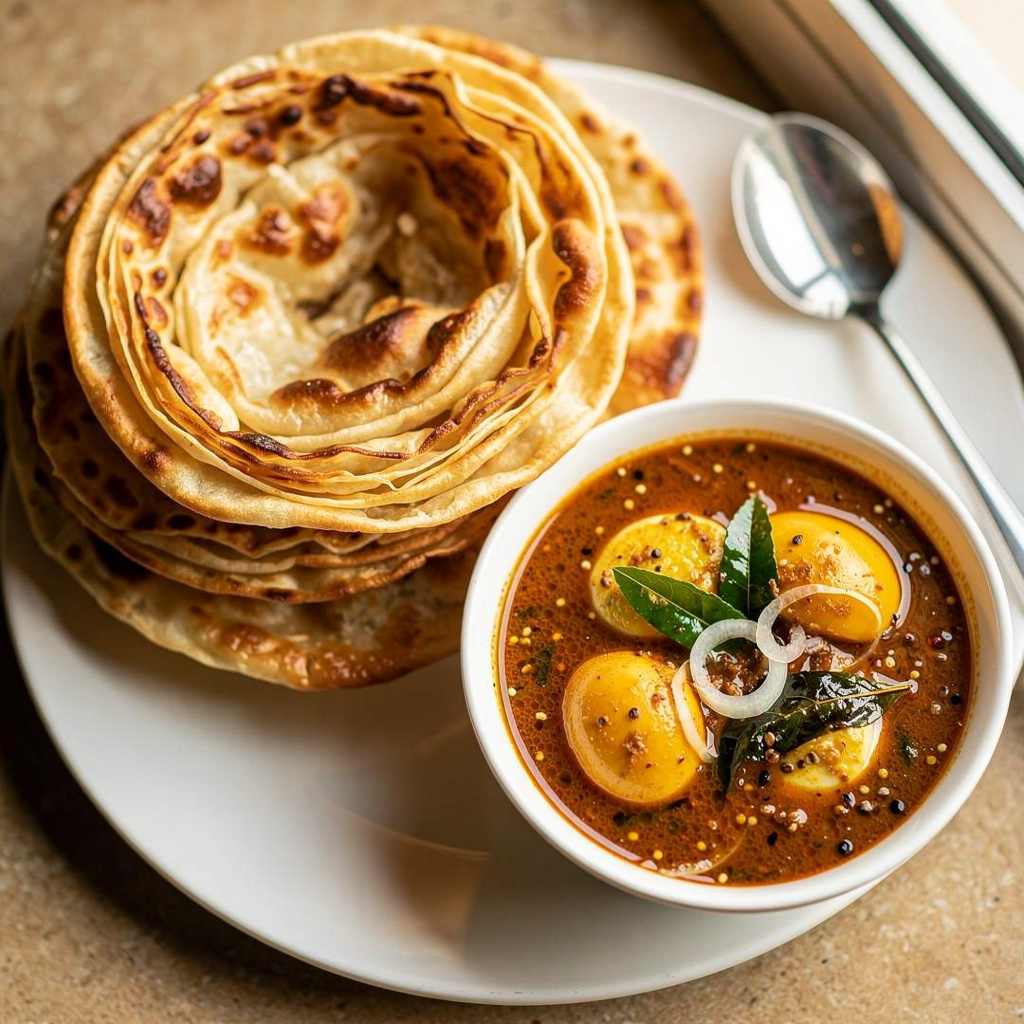 Flaky Malabar Porotta with Spiced Egg Curry