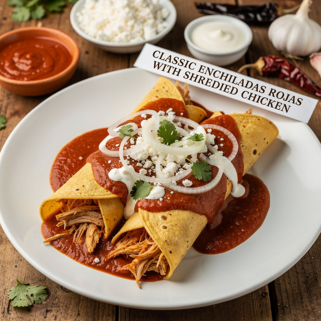 Classic Enchiladas Rojas with Shredded Chicken