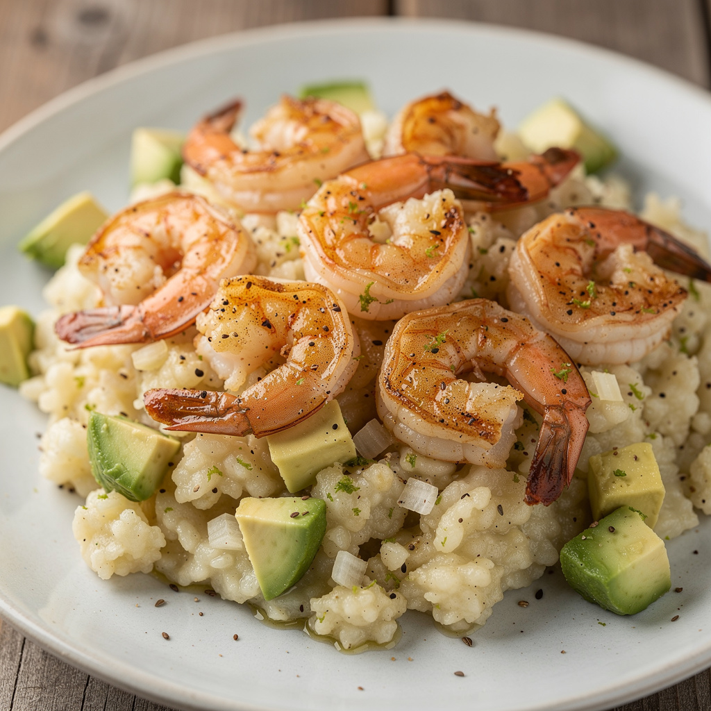Cumin Lime Shrimp over Creamy Cauliflower Risotto