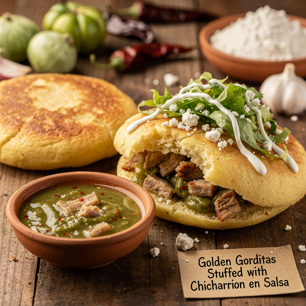 Golden Gorditas Stuffed with Chicharron en Salsa
