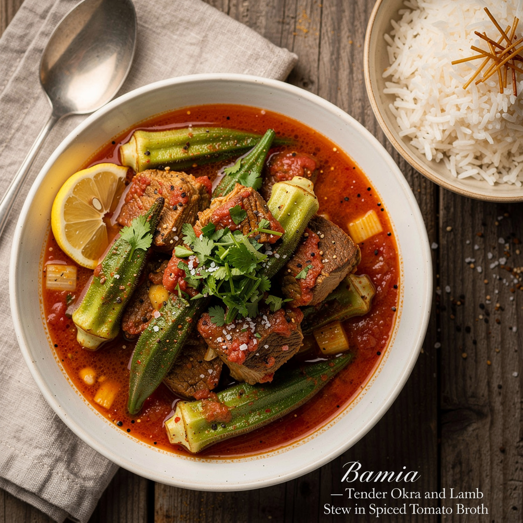 Bamia — Tender Okra and Lamb Stew in Spiced Tomato Broth