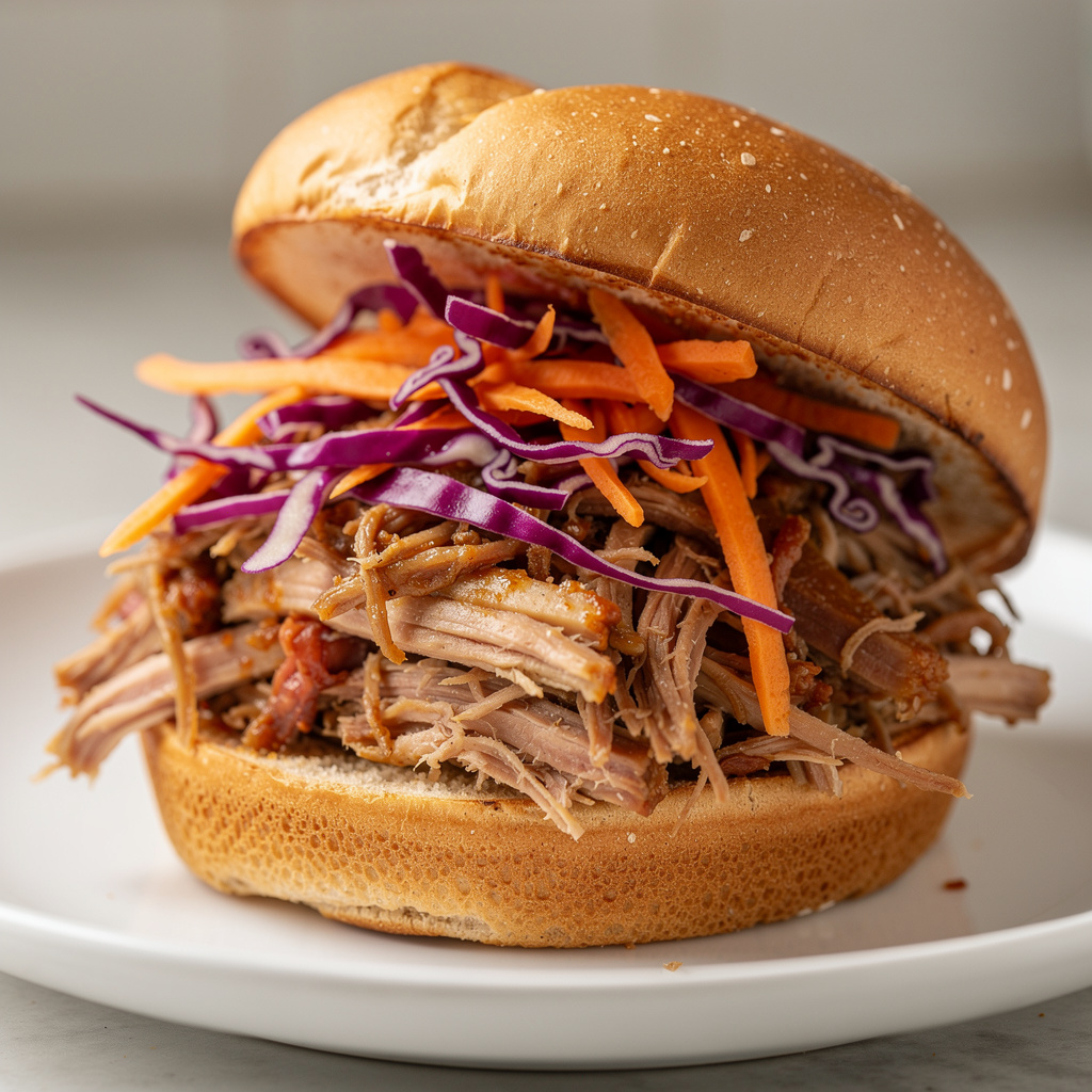 Pulled Pork Sandwich with Red Cabbage and Carrot Slaw