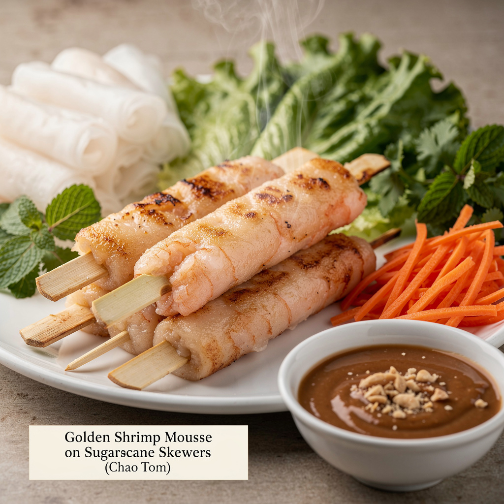 Golden Shrimp Mousse on Sugarcane Skewers (Chao Tom)