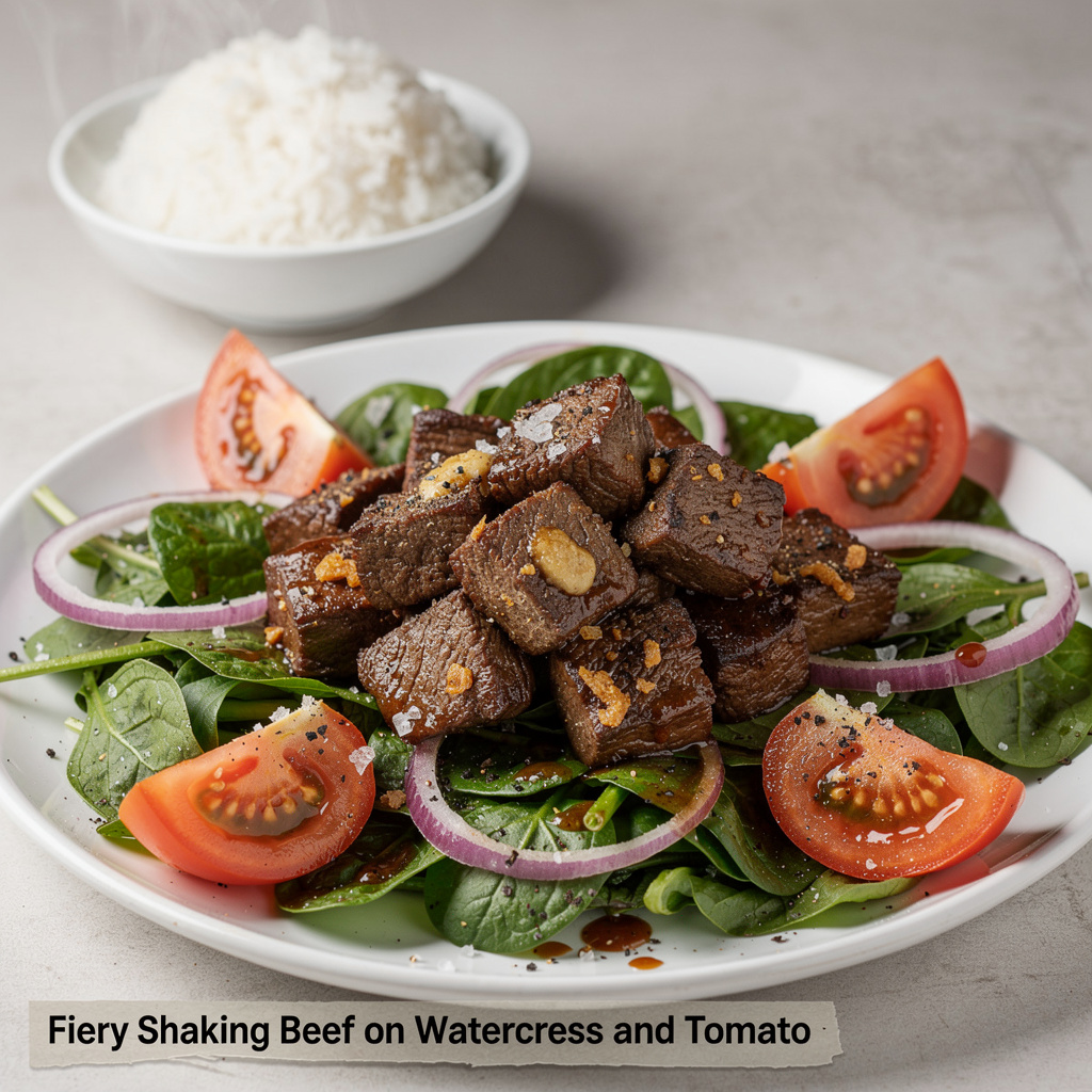 Fiery Shaking Beef on Watercress and Tomato