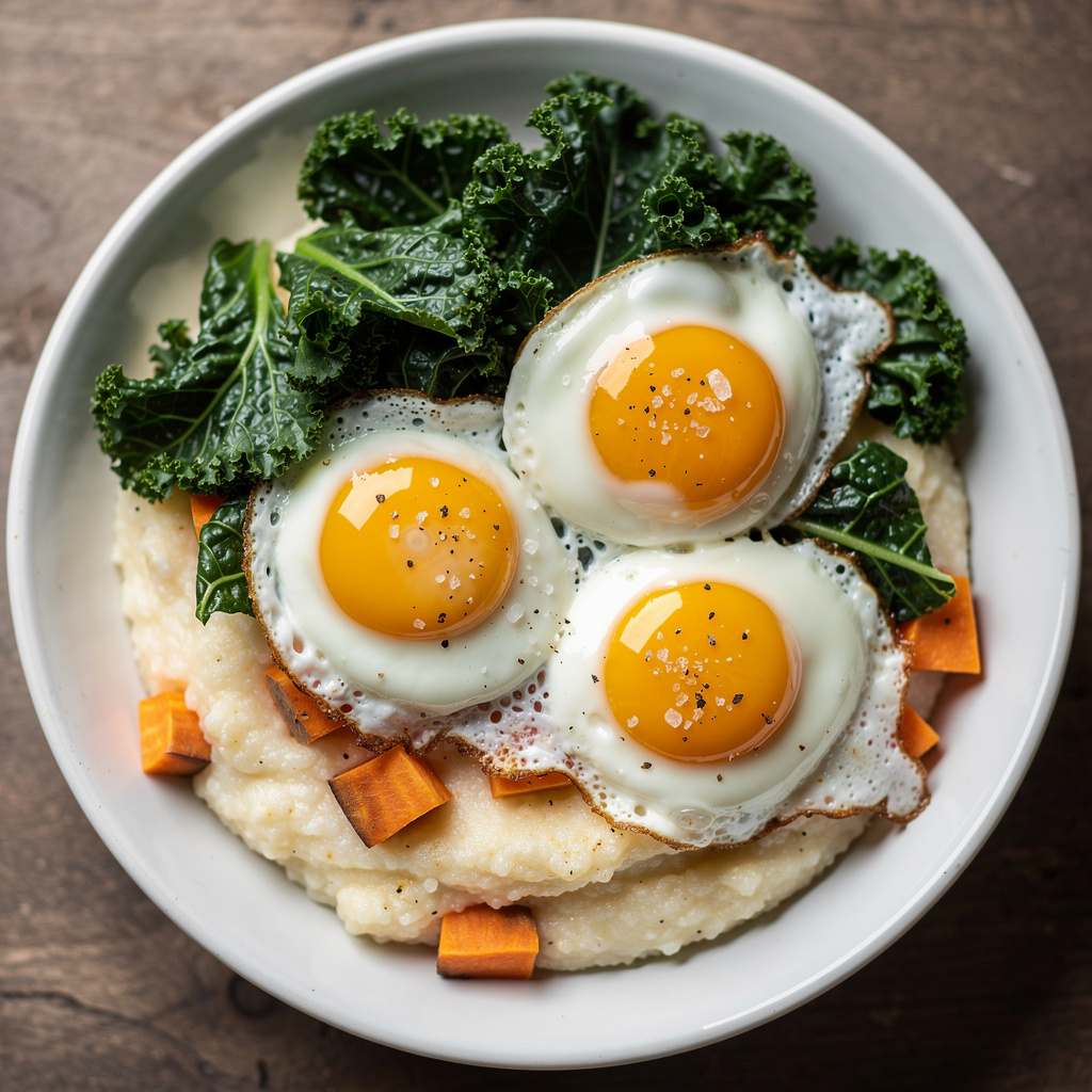Eggs over Kale and Sweet Potato Grits
