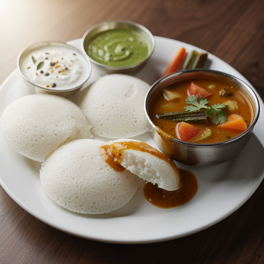 Pillowy Steamed Idli with Sambar