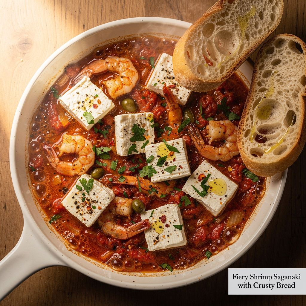 Fiery Shrimp Saganaki with Crusty Bread
