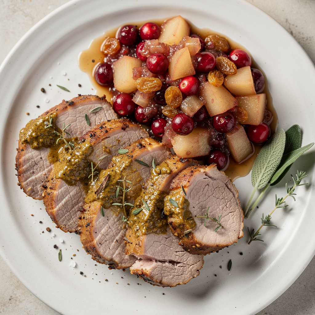 Dijon Herb Roasted Pork with Cranberry Pear Chutney