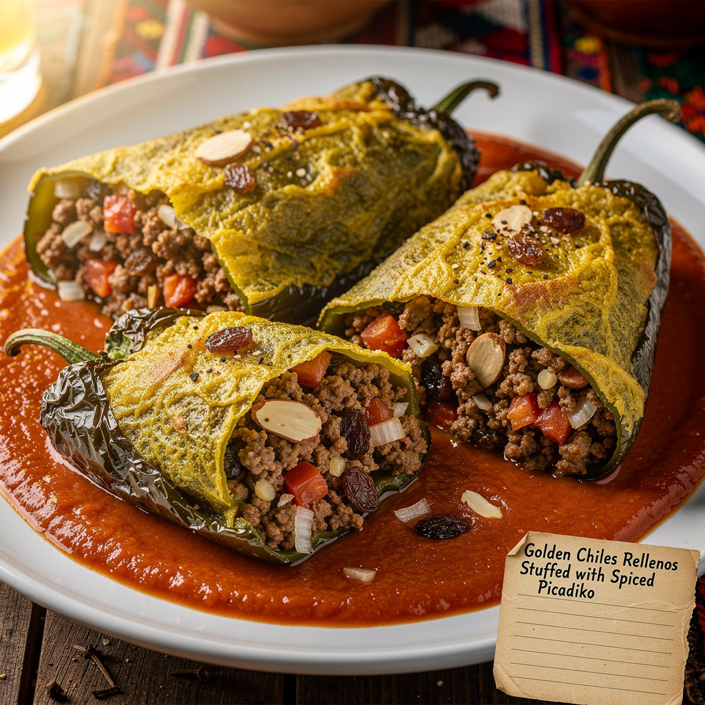 Golden Chiles Rellenos Stuffed with Spiced Picadillo