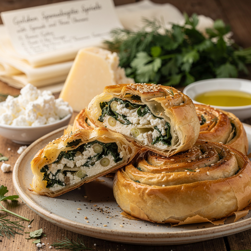 Golden Spanakopita Spirals with Spinach and Three Cheeses
