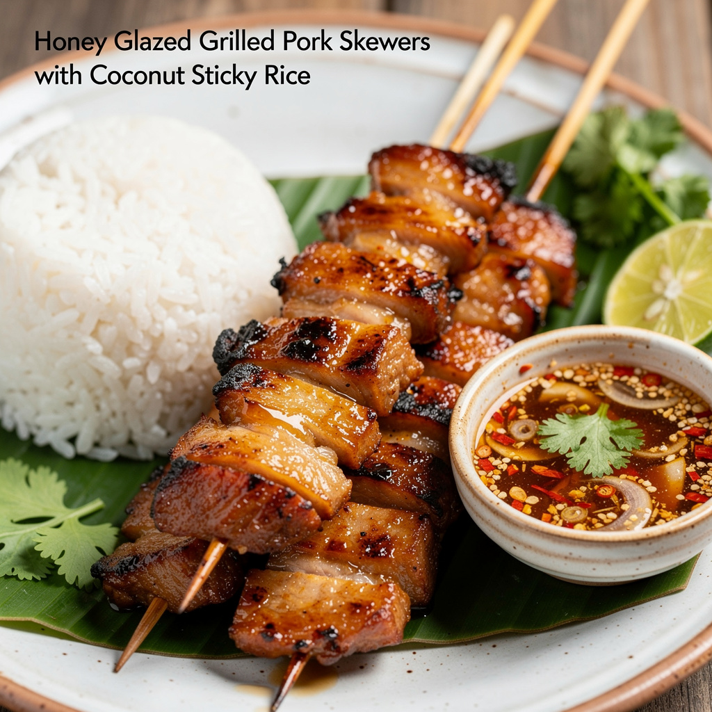 Honey-Glazed Grilled Pork Skewers with Coconut Sticky Rice