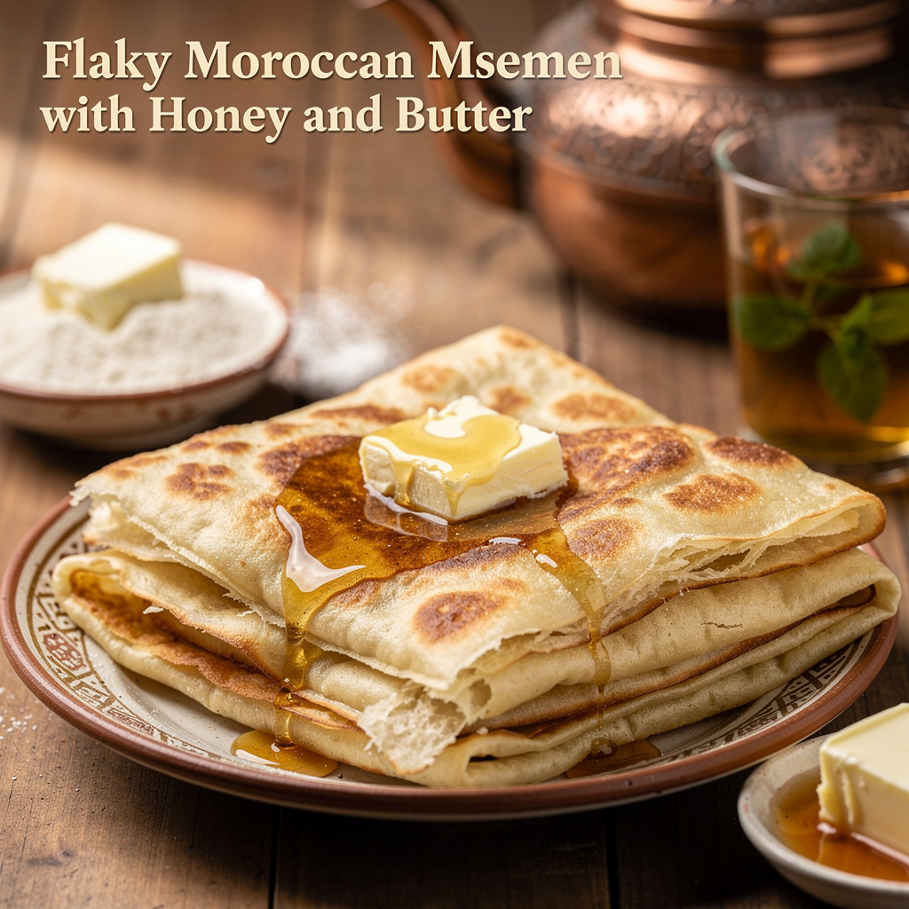 Flaky Moroccan Msemen with Honey and Butter