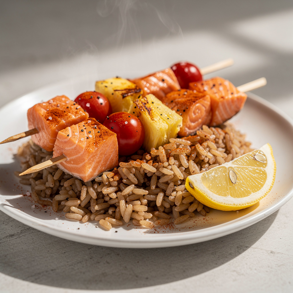 Hearty Salmon Skewers over Brown Rice